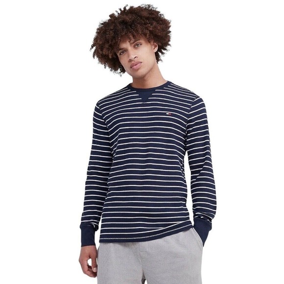 Tommy Hilfiger Mens Size L Striped Navy White Waffle Knit Pullover Preppy New - Picture 1 of 11